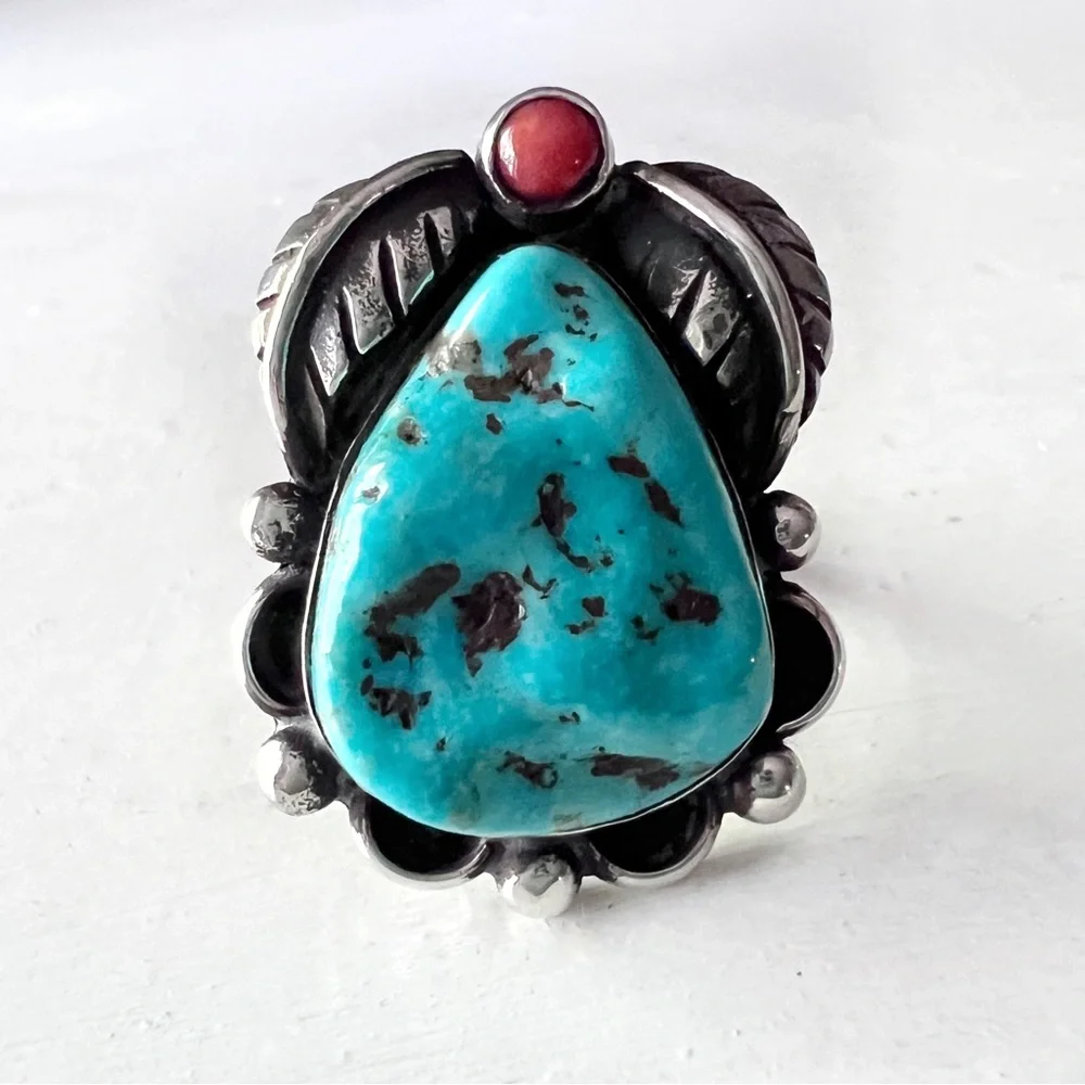 ✨ New Large ARTISAN Southwestern Turquoise & Coral Sterling Silver Ring USA Made